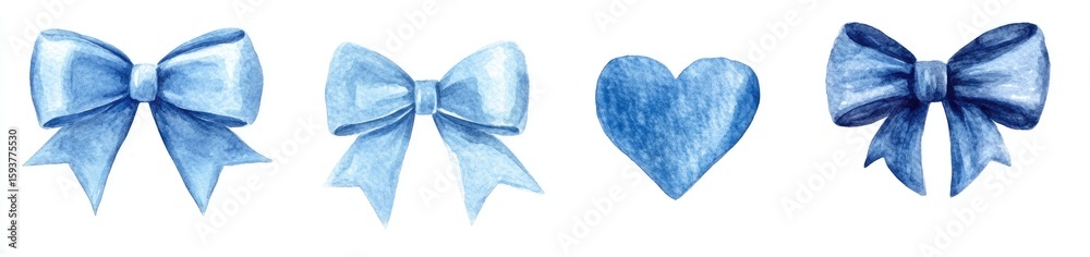 Fototapeta premium Four light-blue watercolor bows and a heart