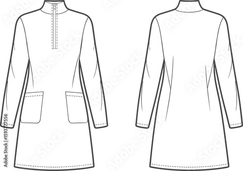 Flat sketch of women’s long sleeve tunic dress with high neck, front and back view, fashion technical design illustration