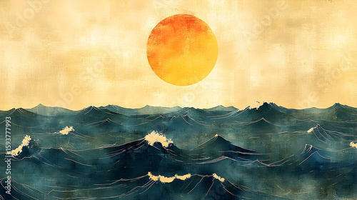 A painting-like image of the ocean waves under a large yellow sun against a yellow sky