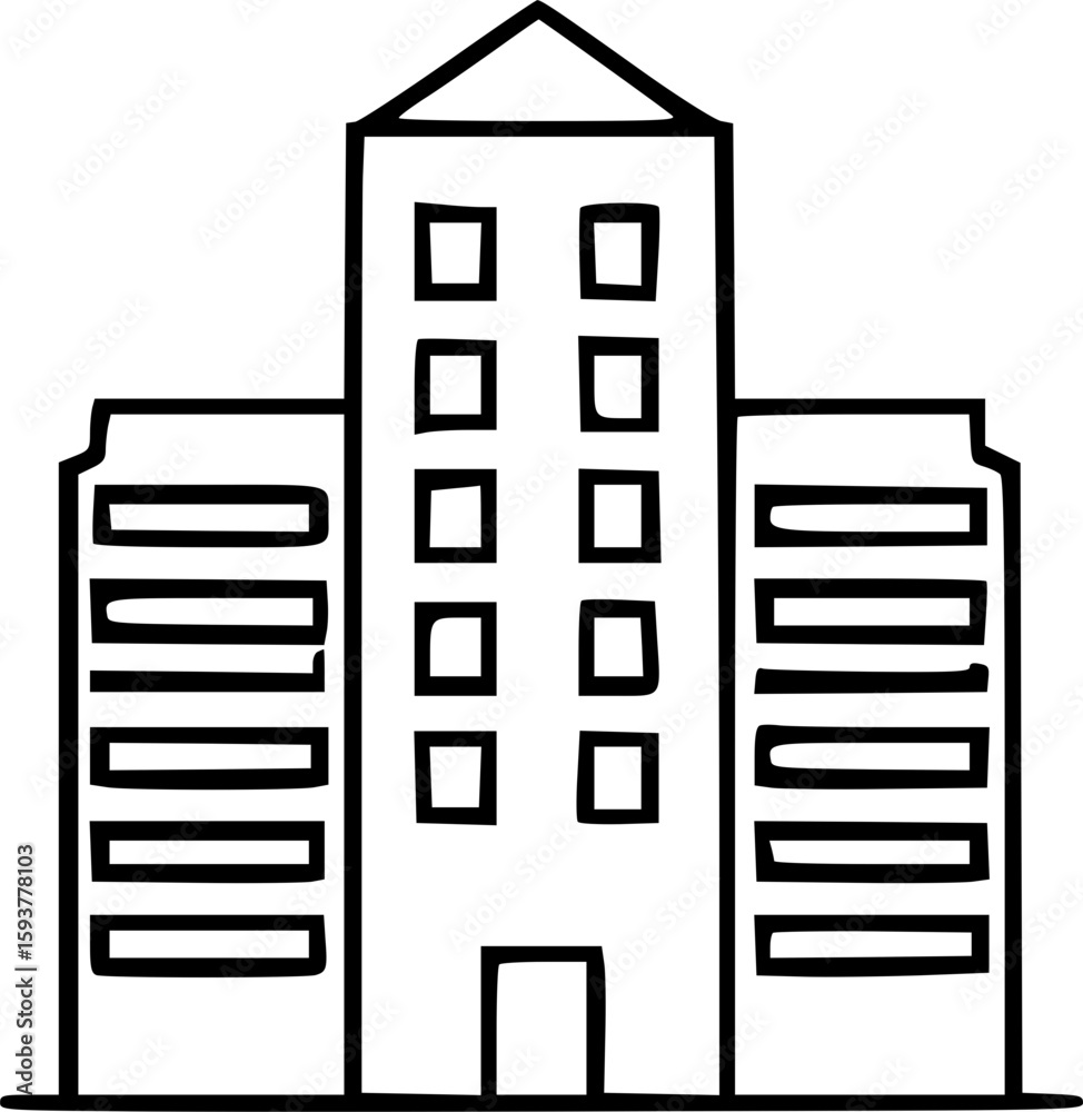 Simple black and white drawing of a tall office building with multiple floors. Simple black and white drawing of a tall office building with multiple floors.