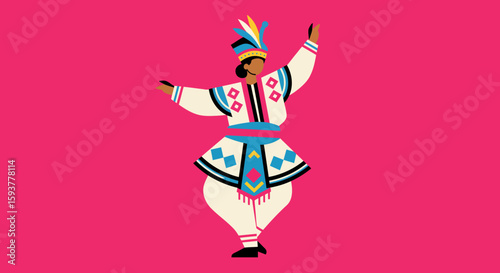 Vibrant Woman Dancing in Traditional Folk Costume Illustration