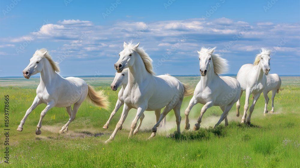 Obraz premium White Horses Galloping on the Green Field under Blue Sky 