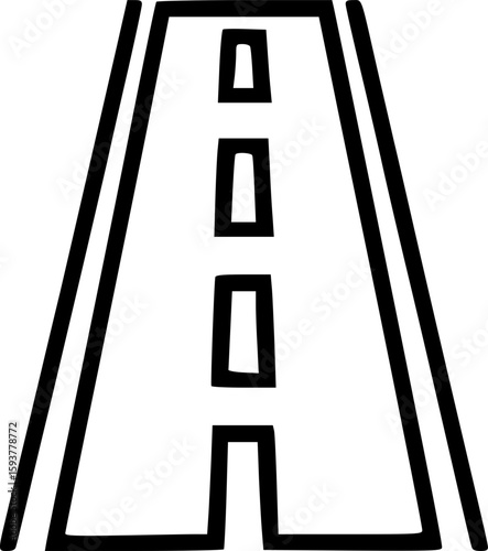 Simple black and white drawing of a road receding into the distance, with center lane markings.