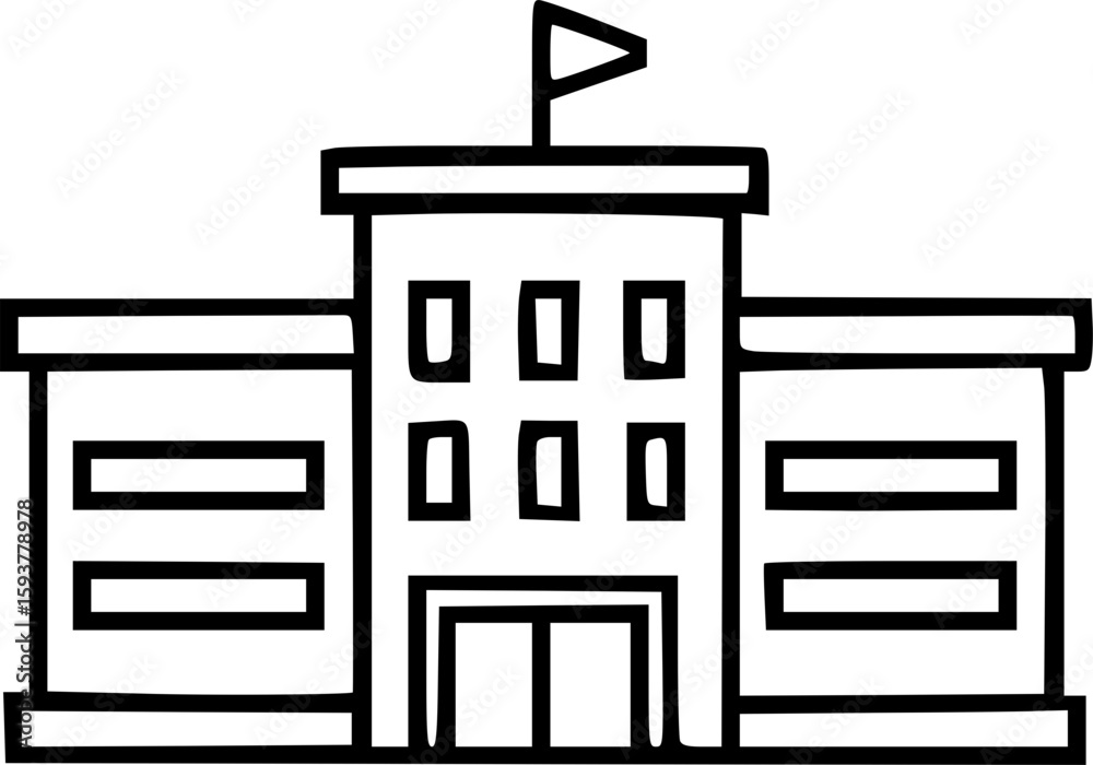 Simple line drawing of a school building, featuring a central section and symmetrical wings, topped with a flag. Simple line drawing of a school building, featuring a central section and symmetrical wings, topped with a flag.