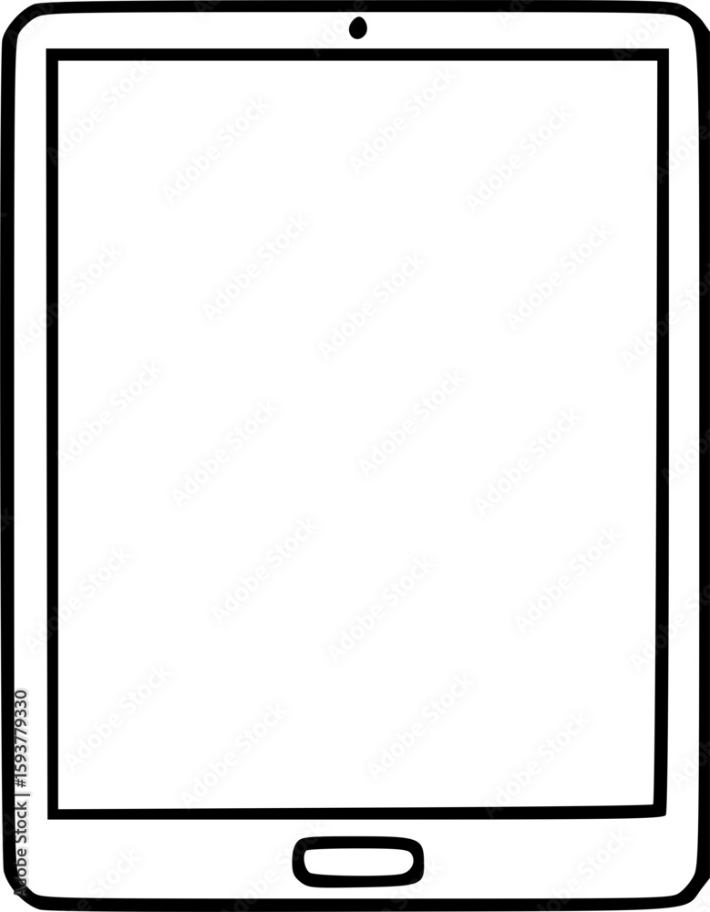 Simple black and white illustration of a modern tablet device, blank screen. Simple black and white illustration of a modern tablet device, blank screen.