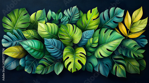 Lush, stylized Monstera and tropical leaf arrangement on a dark background with vibrant shades of green and yellow