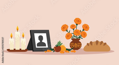 Day of the Dead Altar A Festive Celebration with Candles, Flowers, and Remembrance, honouring ancestors on a special day.
