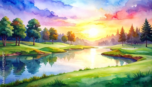 Stunning watercolor landscape featuring a lake surrounded by trees under a beautiful vibrant sunset reflection