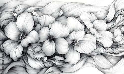 Floral illustration in grayscale, featuring delicate blooms and flowing, abstract lines forming a visually appealing pattern