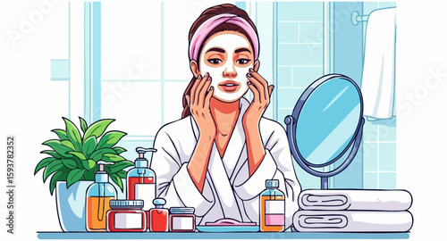 Woman Applying Face Mask in Bathroom with Skincare Products and Towels for Beauty Blogs, Self-Care Websites, Wellness Articles, and Social Media Content  