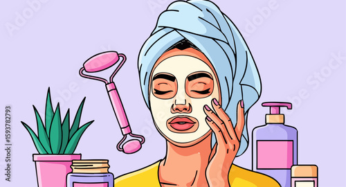Woman Enjoying Relaxation with Facial Mask and Beauty Products for Skincare Blogs, Wellness Websites, Self-Care Guides, and Health Awareness Articles  