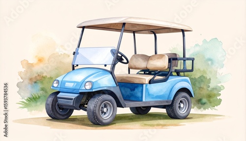 Charming watercolor painting of a weathered blue golf cart set against a light brown background with subtle details