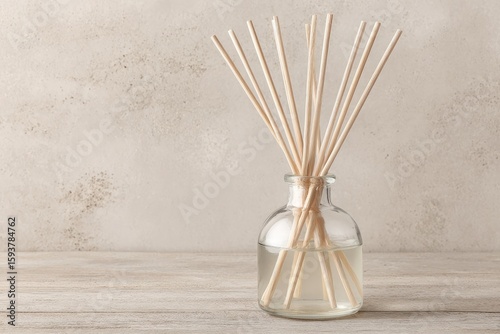 A clear glass diffuser bottle filled with liquid and topped with light beige wooden sticks.  The sticks are evenly dispersed around the bottle.  A neutral beige background complements the diffuser