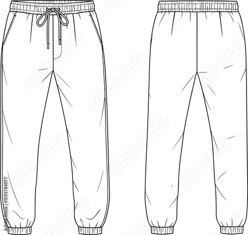 Vector fashion technical drawing of jogger pants front and back, flat sketch design for men and women casual sportswear