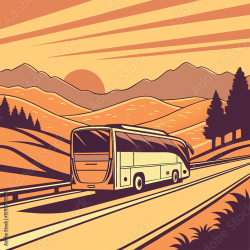 Vector art of bus travels through hills