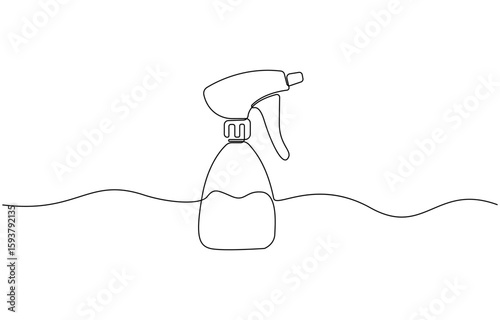Continuous one line drawing of water spray bottle, Disinfectant, Barber, Gardener, concept, simple linear style. Fresh washing and dry cleaning. Doodle vector illustration.