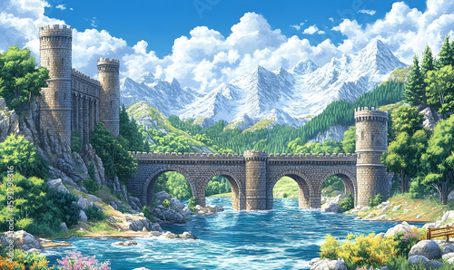 Mountain landscape with a stone bridge and castle