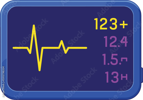 A medical monitor displays a yellow heartbeat waveform and numerical readings on a blue screen, indicating vital signs.