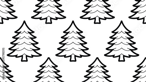Seamless pattern of christmas trees with a black outline on white background