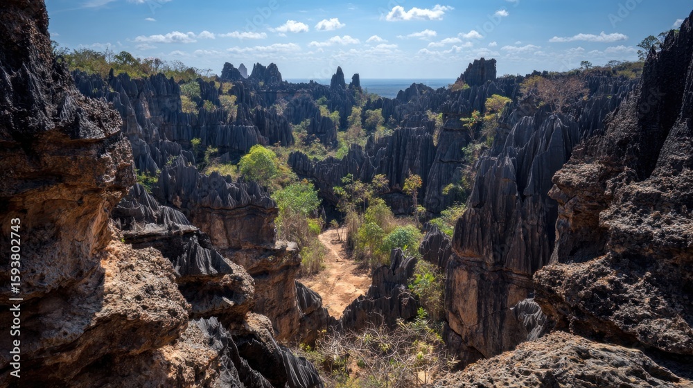 Fototapeta premium Rocky landscape with trees and sky
