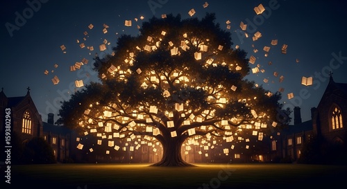 A majestic oak tree blossoms with glowing, flying books under the night sky in a serene university quad, symbolizing knowledge and enlightenment in a scholarly sanctuary.