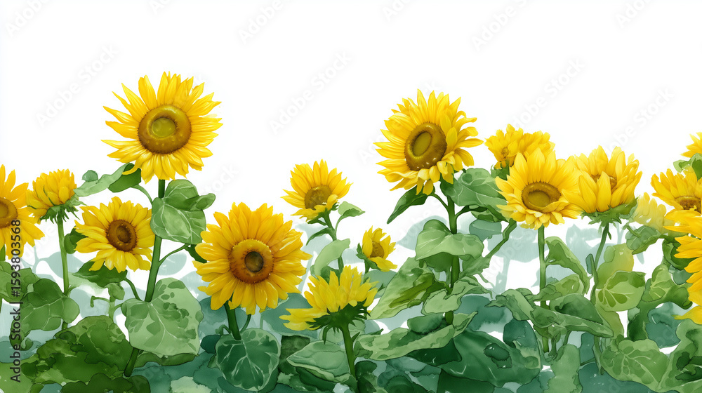 Fototapeta premium Watercolor Sunflower Field with White Background 
