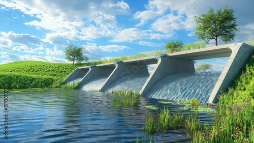 Serene landscape with a modern, low-head dam channeling water flow