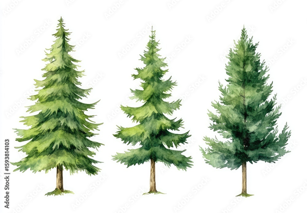 Fototapeta premium Watercolor illustration of three stylized evergreen trees