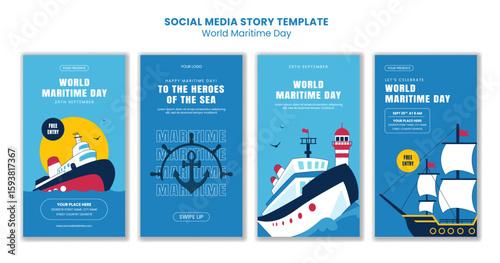 Flat Style Hand Drawn Illustration for World Maritime Day Social Media Stories Templates