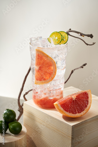 Close-up of a glass of refreshing and delicious grapefruit sparkling water