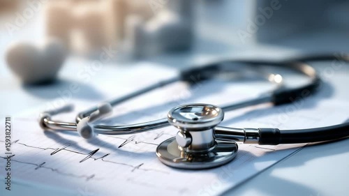 Stethoscope on medical chart with heart rate readings in a clinical setting