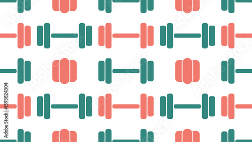 Repeating pattern of dumbbells in teal and peach on a light background