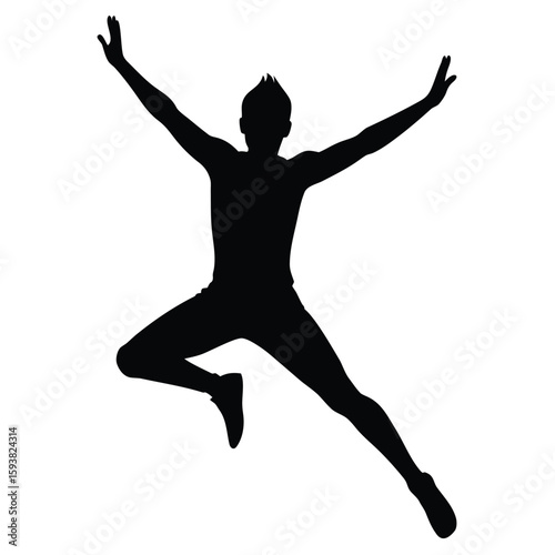 Silhouette of Leaping Man with Arms Raised in Joyful Exuberance Black and White