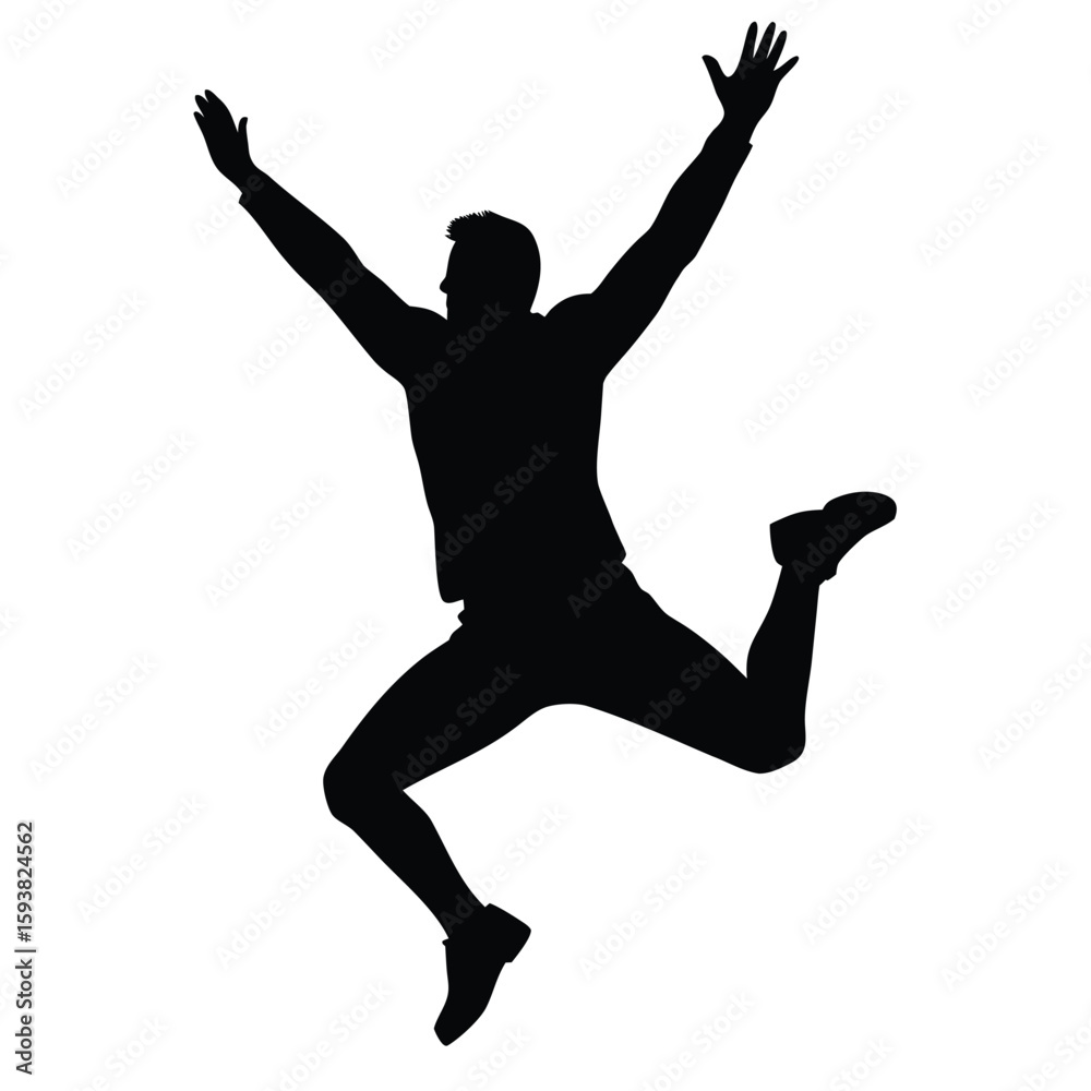 Obraz premium Silhouette of Man Jumping with Arms Raised in Celebration Against White Background