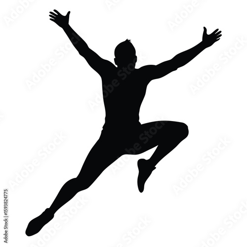 Silhouette of Man Leaping with Arms Raised, Expressing Freedom and Joy on White