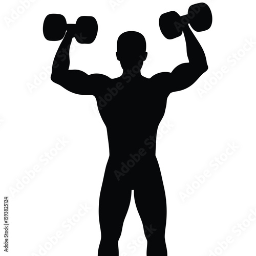 Silhouette of Muscular Man Lifting Dumbbells Overhead Showing Strength and Bodybuilding Skills
