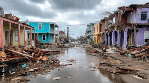 Destruction and debris in a once vibrant neighborhood after a natural disaster impacting homes and streets