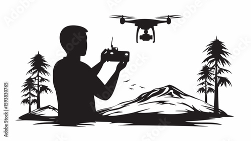 Silhouette of man operating drone in nature with mountain and trees under a clear sky scenery view
