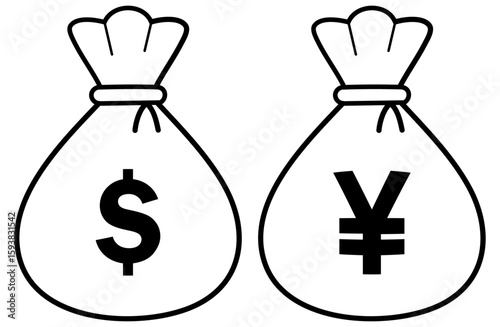 金融・経済系に使えるお金袋の線画（ドルと円）