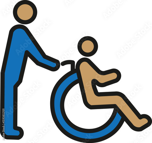 Disabled person icon. Crutches, braille, wheelchair, cane, hearing aid, prosthetic, guide dog, glasses, hospital bed, communication, support, accessibility, healthcare, therapy, disability