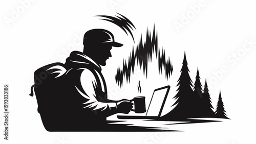 Silhouette of a man with a backpack working on a laptop in the forest with a cup of coffee near by