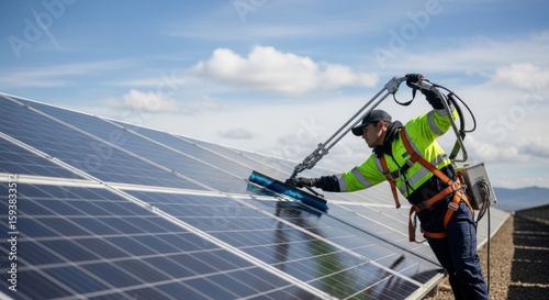 A man in a neon yellow safety vest and hard hat cleaning solar panels with a blue brush.