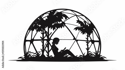 Silhouette of a woman reading a book inside a geodesic dome surrounded by plants and foliage design