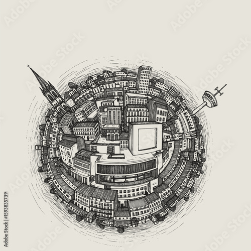 Panoramic cityscape monochrome drawing. Vector illustration, EPS version.