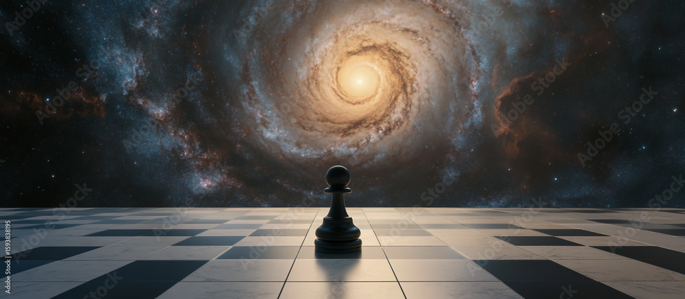 Fototapeta premium A surreal chess board with a lone chess piece at its center, set against a cosmic backdrop filled with swirling galaxies, distant stars, and a bright nebula.