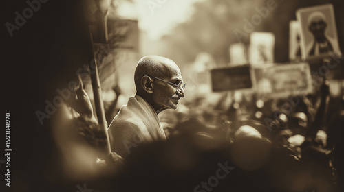 Gandhi: A Sepia Portrait Amidst a Crowd, Reflecting India's Legacy