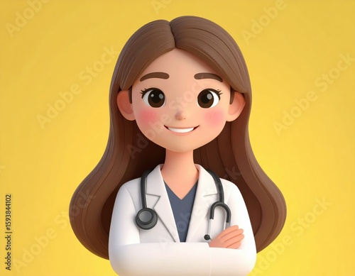 A smiling female doctor with long brown hair, wearing a white coat and stethoscope, stands confidently against a bright yellow background.