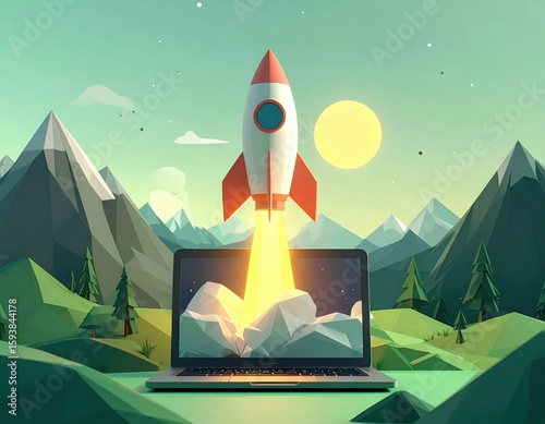 A rocket launches from a laptop screen set in a low-poly mountain landscape under a bright sun, symbolizing digital innovation and tech breakthroughs.