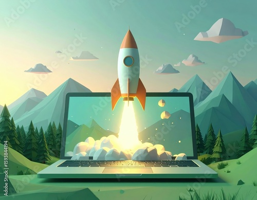 A rocket launches from a laptop screen in a mountainous, forested landscape with a clear sky and scattered clouds.