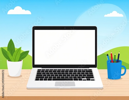 A laptop with a blank screen sits on a wooden desk, flanked by a potted plant and a blue mug holding colored pencils, set against a bright outdoor background with hills and clouds.